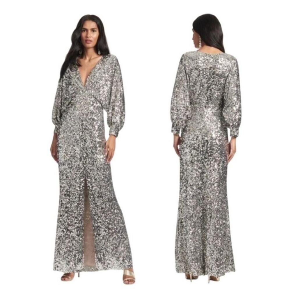 Sachin + Babi Womens Size 8 Silver Sequin Gabby Glitter Long Sleeve V Neck Gown